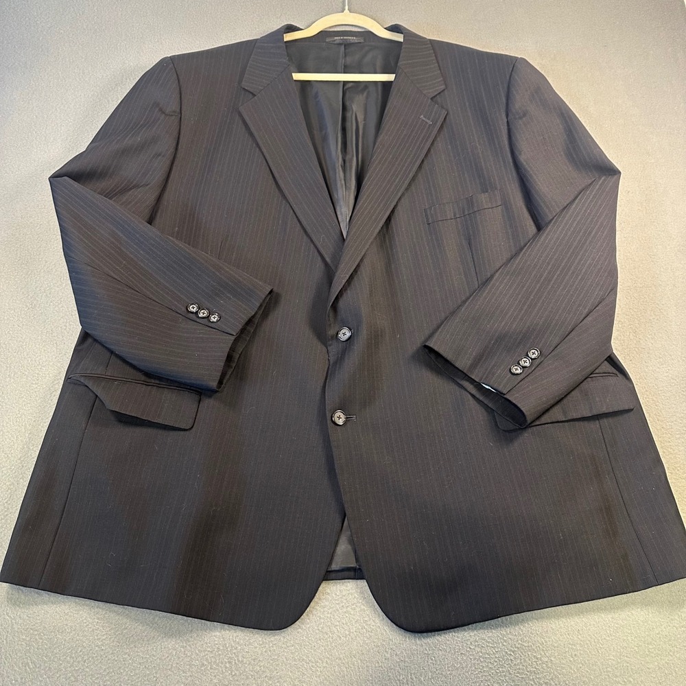 Charneys Mens 56R Pinstripe Suit Jacket Navy Blue 100% Wool 2 Button Blazer